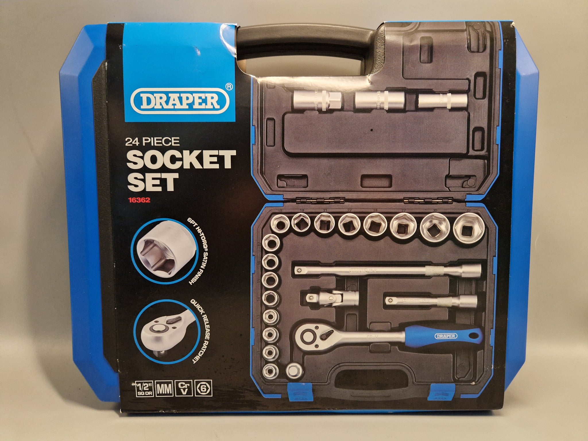 DRAPER Metric Socket Set, 1/2" Sq. Dr. 24 Piece