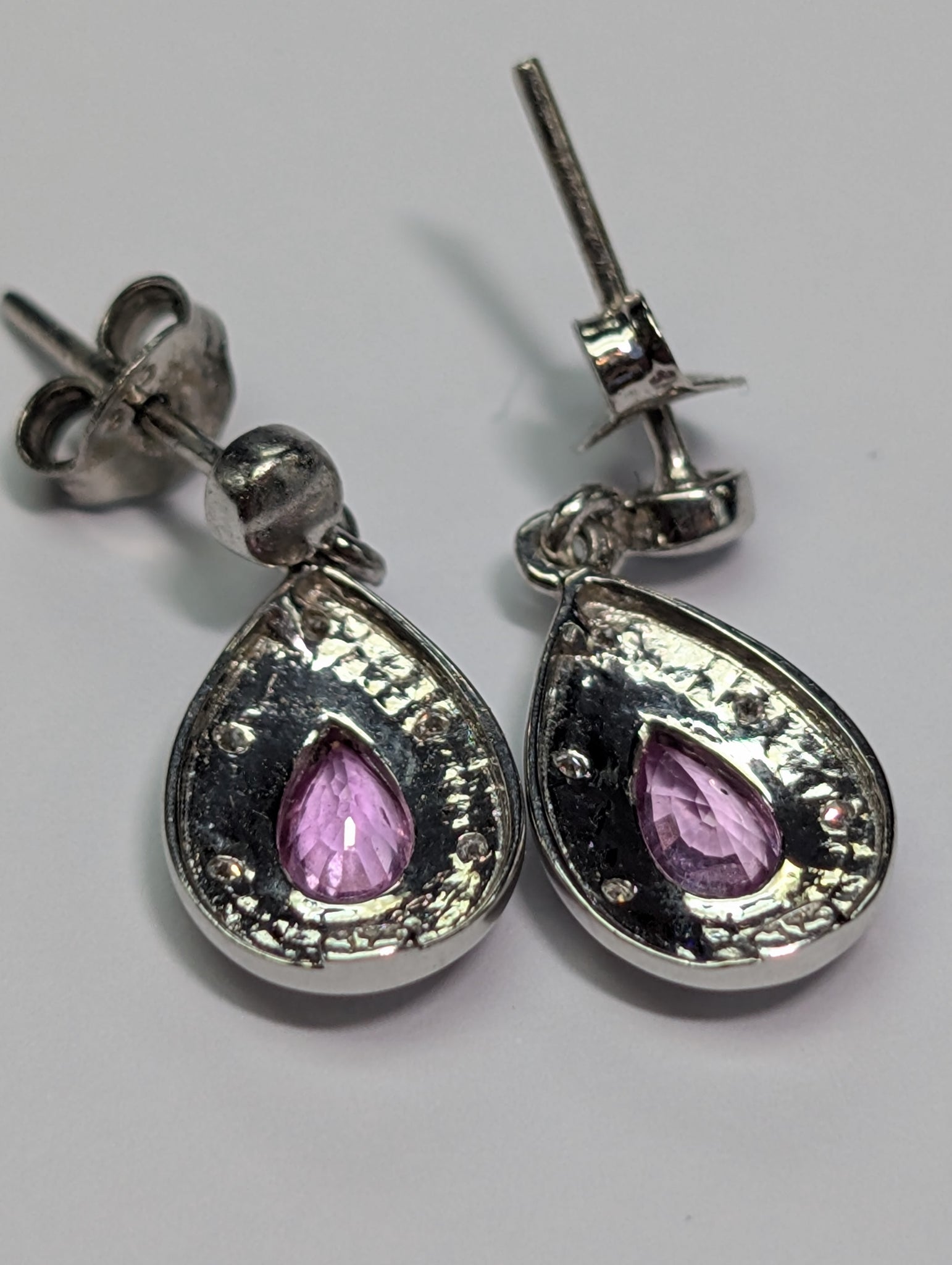 9ct White Gold Diamond & Pink Stone Tear Drop Earrings