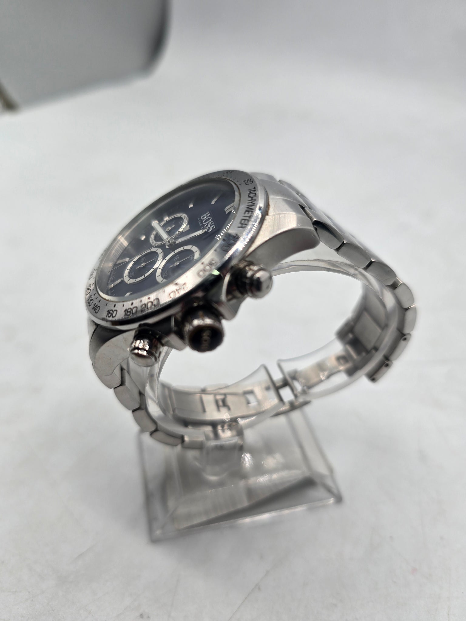 boss watch, silver strap blue face