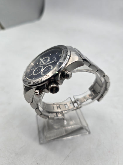 boss watch, silver strap blue face