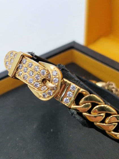 14ct Yellow Gold Curb Bracelet With CZ Stone Buckle - 8