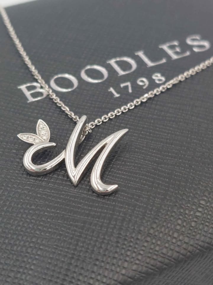 (18K Hallmarked&Tested), Boodles White Gold Necklace With M Pendant, 4.5G, 18" In Length