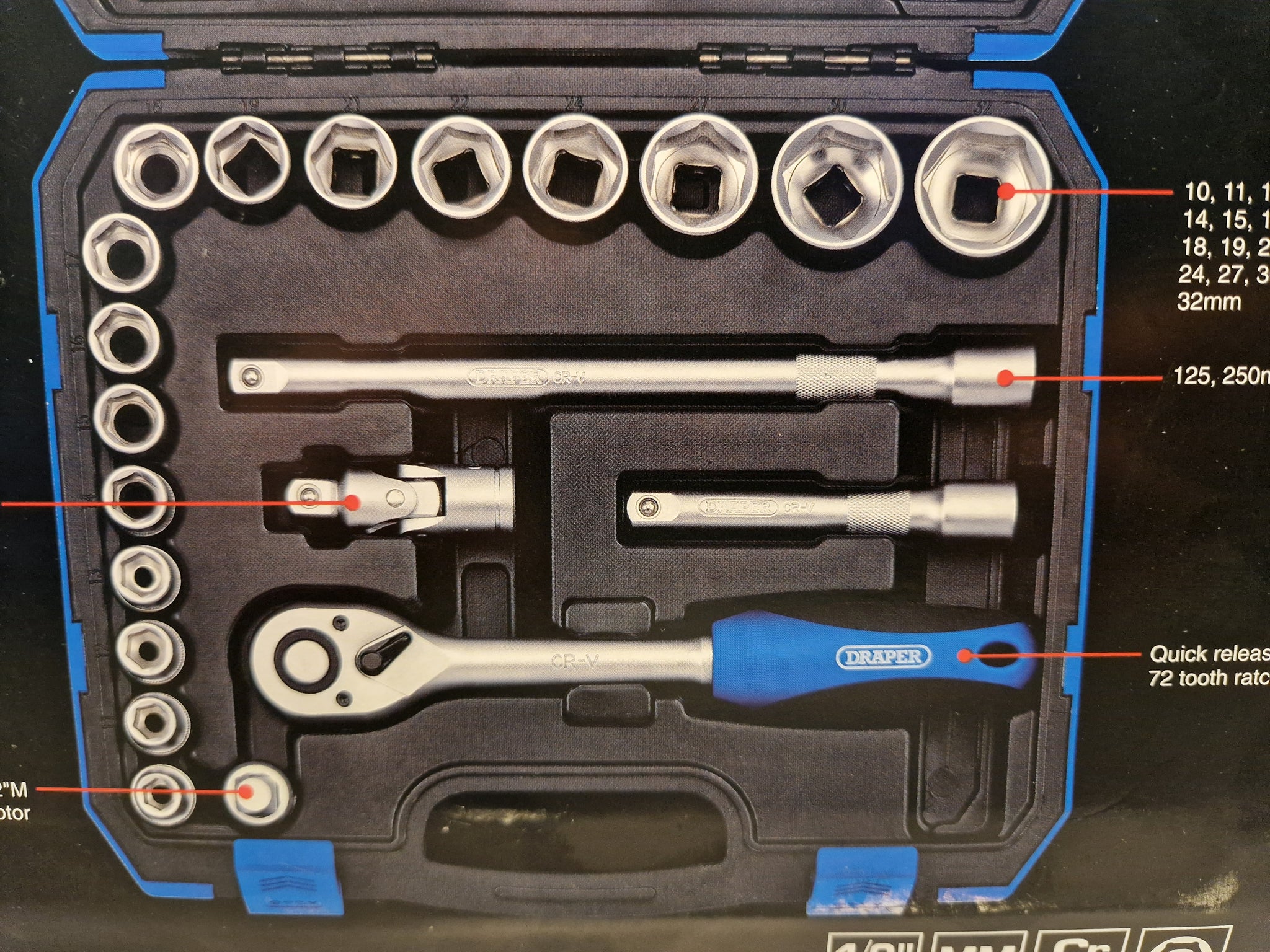 DRAPER Metric Socket Set, 1/2" Sq. Dr. 24 Piece