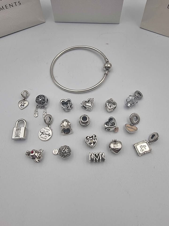 Pandora (ALE 925) Sterling Silver Charm Bangle Bracelet - With 18x Assorted Charms