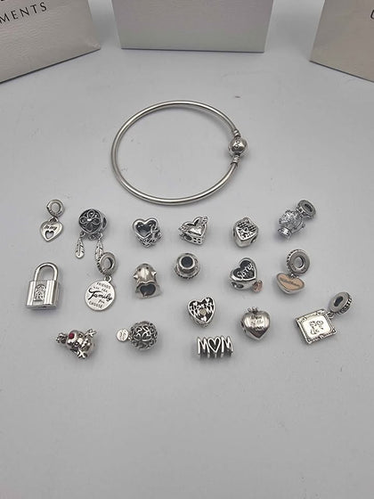 Pandora (ALE 925) Sterling Silver Charm Bangle Bracelet - With 18x Assorted Charms