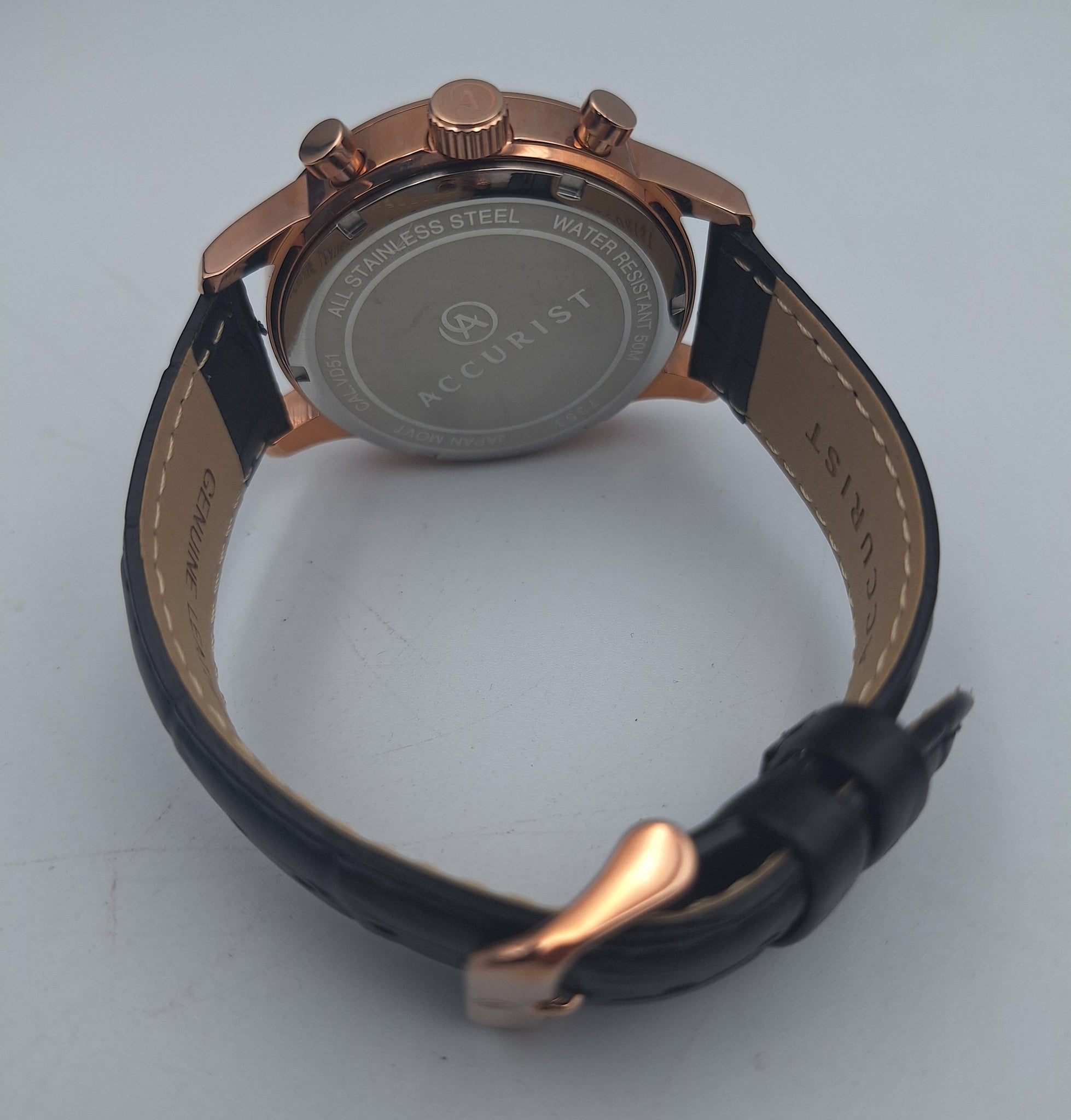 **BRAND NEW** Accurist 7353 men's rose gold/black chronograph watch with genuine black leather strap BOXED