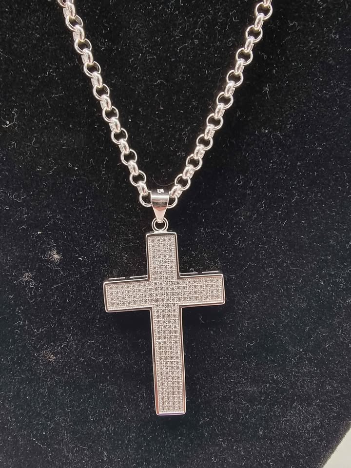 925 Sterling Silver Belcher Chain With Diamontè Cross Pendant - 24" Long - 17.4 Grams *BRAND NEW*