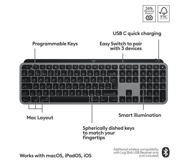 Logitech MX Keys S For Mac Wireless Keyboard - Space Grey