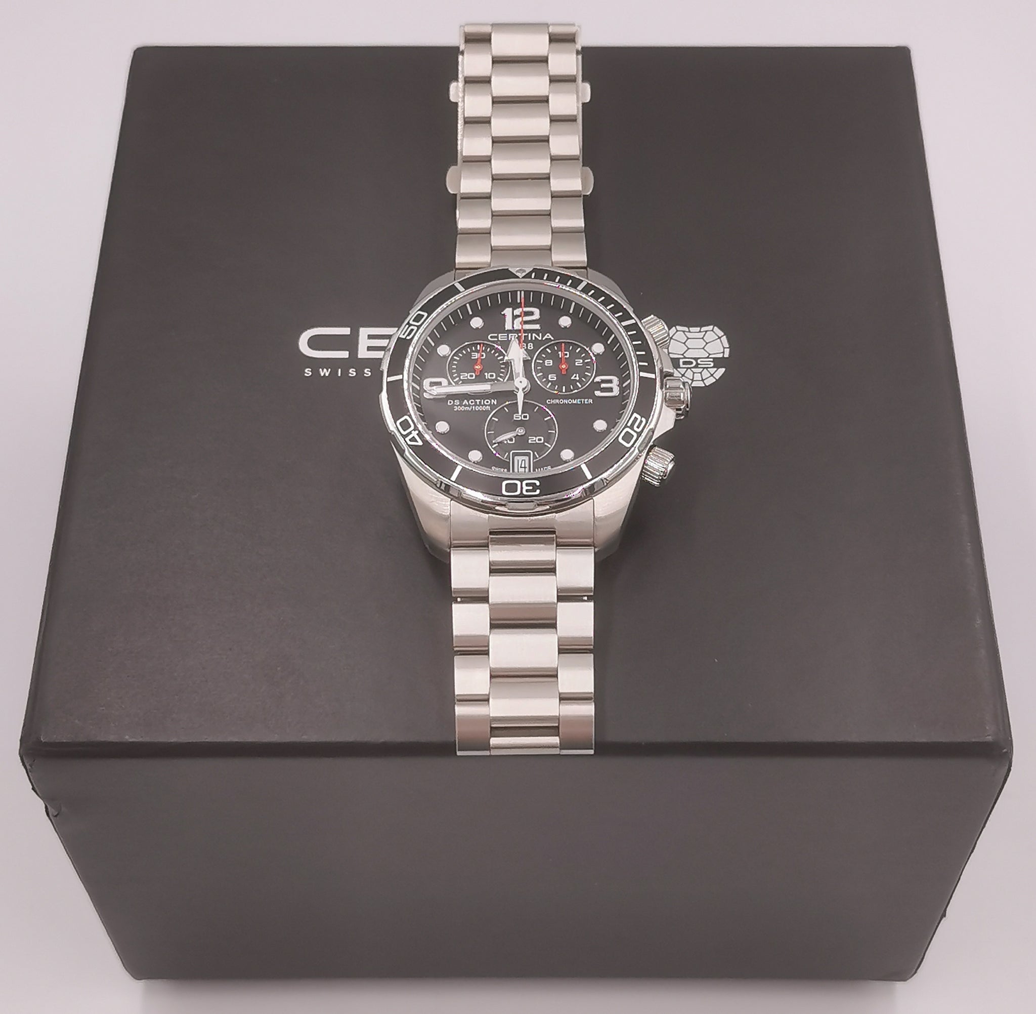 Certina DS Action Chronograph 43mm Quartz Men's Watch- Black Dial/Steel Bracelet - Boxed