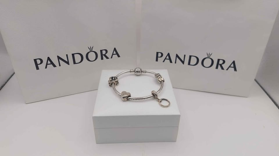 Pandora Bangle plus 3 Charms Boxed 925 **4th hand Charm nor Pandora**