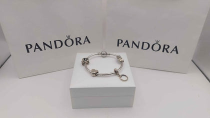 Pandora Bangle plus 3 Charms Boxed 925 **4th hand Charm nor Pandora**