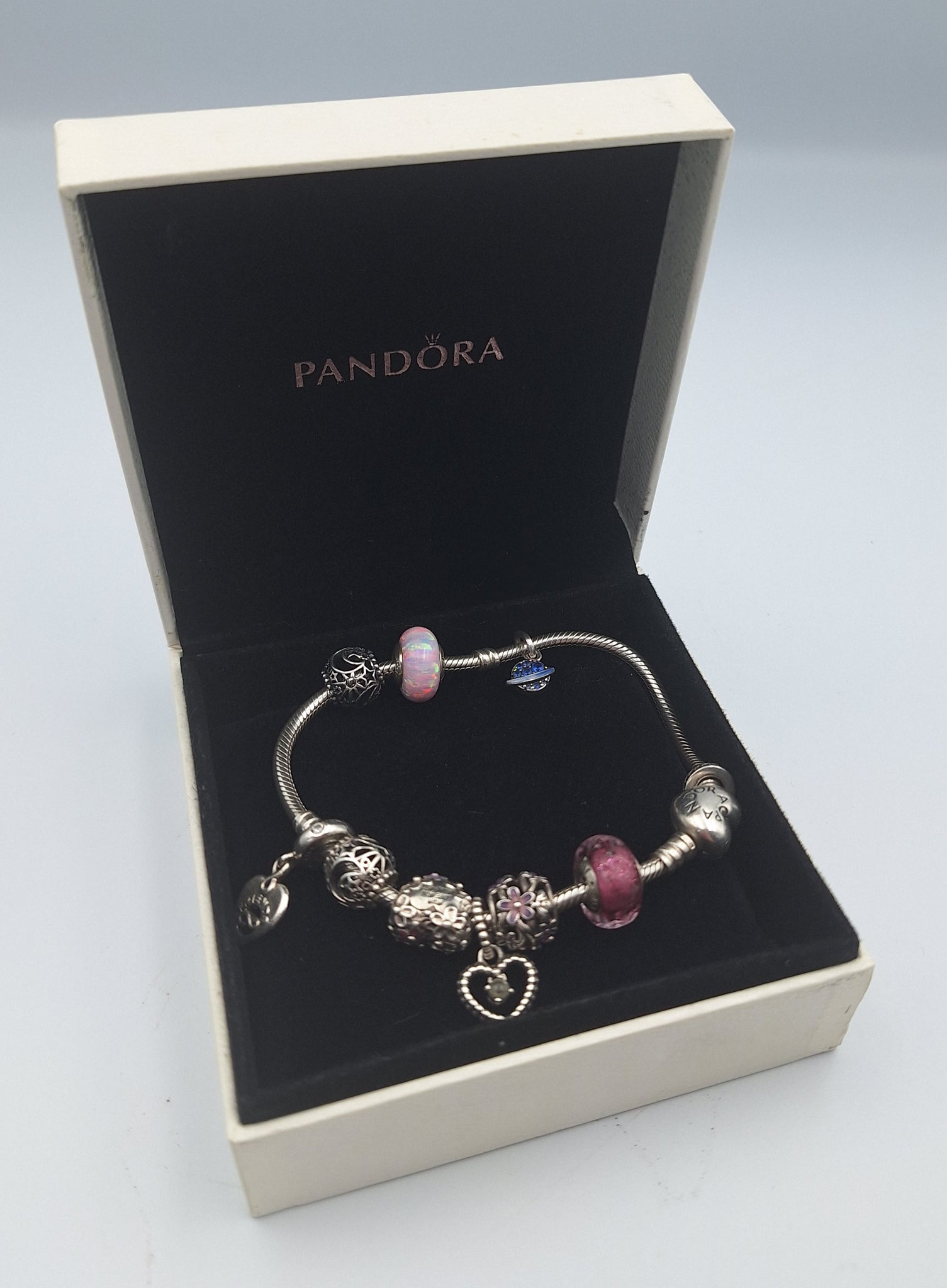 Pandora Moments Silver Heart Clasp Bracelet with 10 x Charms and original Pandora box