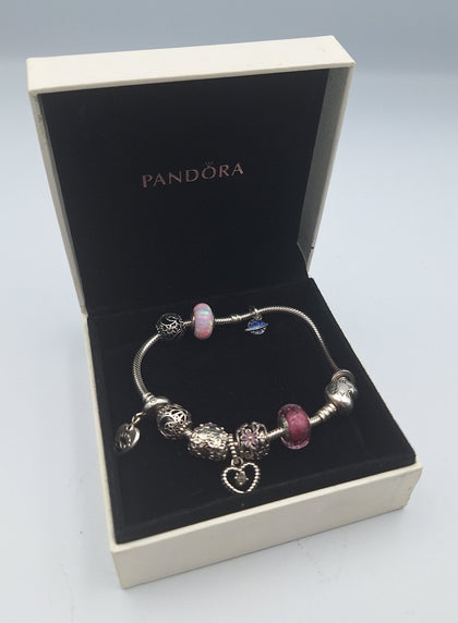 Pandora Moments Silver Heart Clasp Bracelet with 10 x Charms and original Pandora box