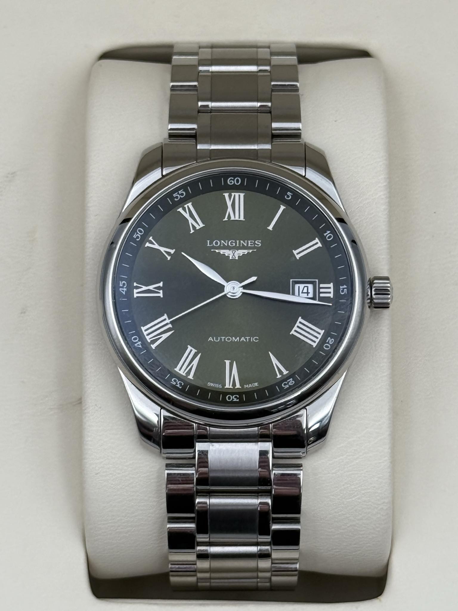 LONGINES MASTER COLLECTION,40MM, AUTOMATIC WATCH (SWEEPING HAND),GREEN DIAL, STAINLESS STEEL BRACELET, IN ORIGINAL BOX