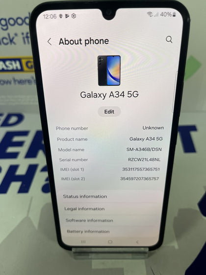 Samsung Galaxy A34 5G Smartphone (Dual-SIMs, 8+128GB) - Graphite.