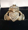 9ct Yellow Gold Claddagh Ring with Clear Stones - Size L