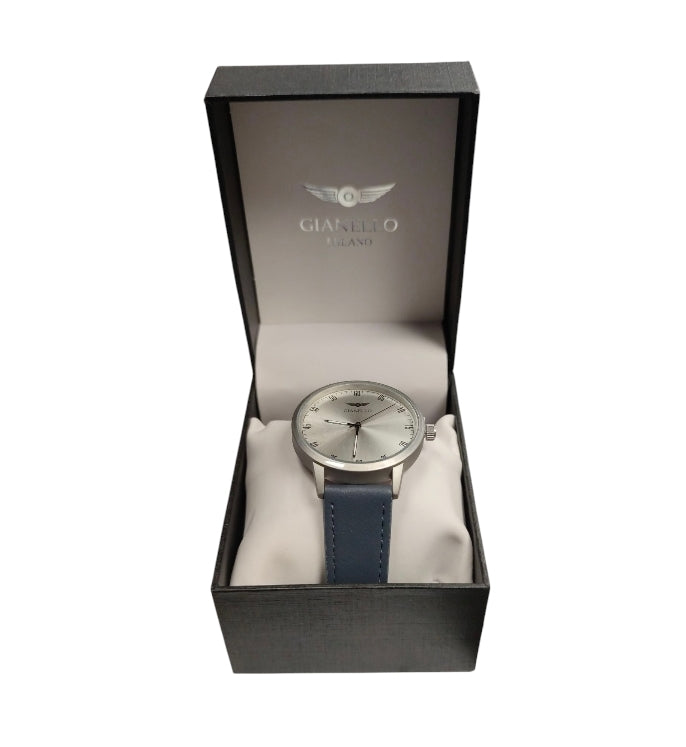 Gianello Milano Alure 42 Watch Silver w/blue strap**Boxed in Brand New Condition**