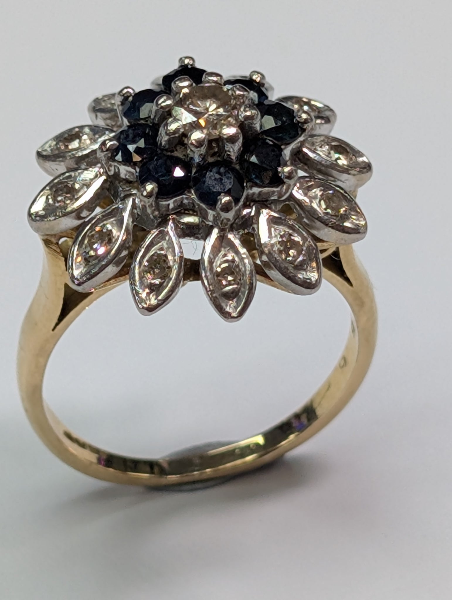 18ct Gold Diamond Flower Ring with Black Stones - Size N 1/2