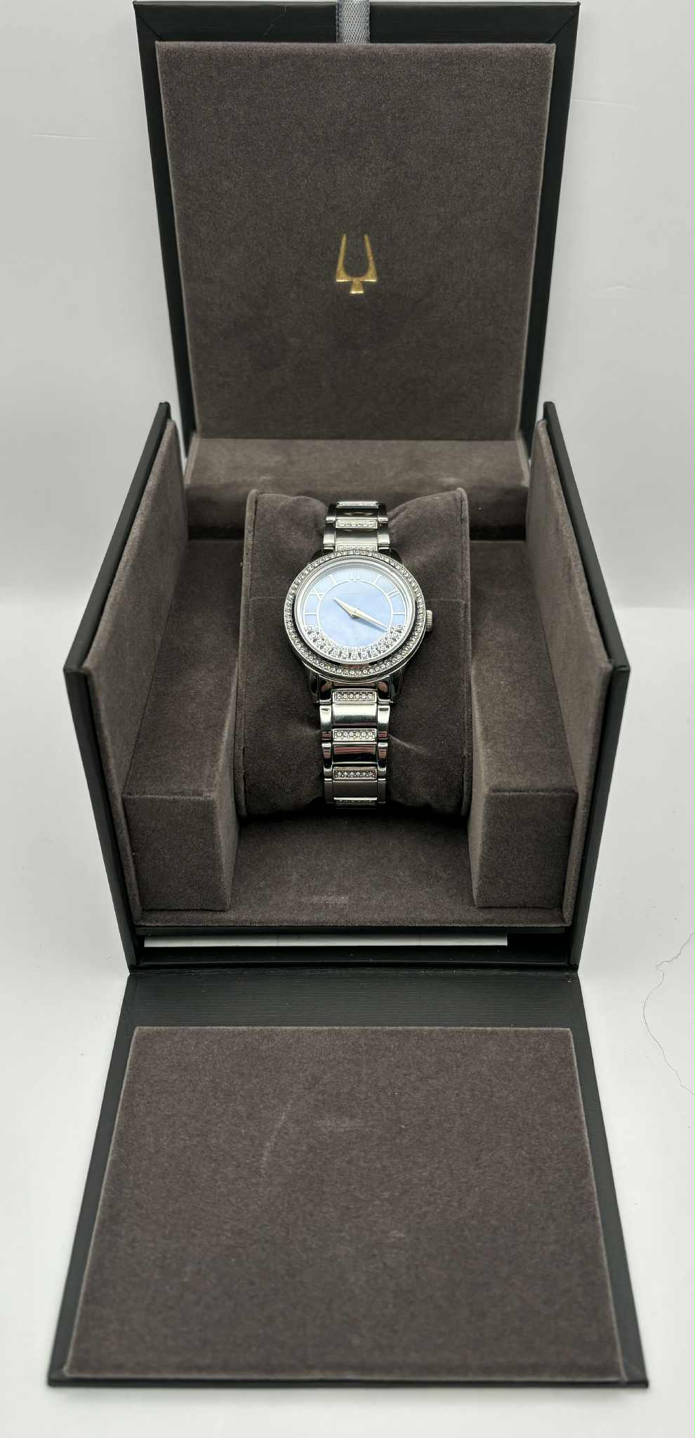 BULOVA TURNSTYLE STEEL SWAROVSKI CRYSTALS MOP DIAL LADIES QUARTZ WATCH 96L260