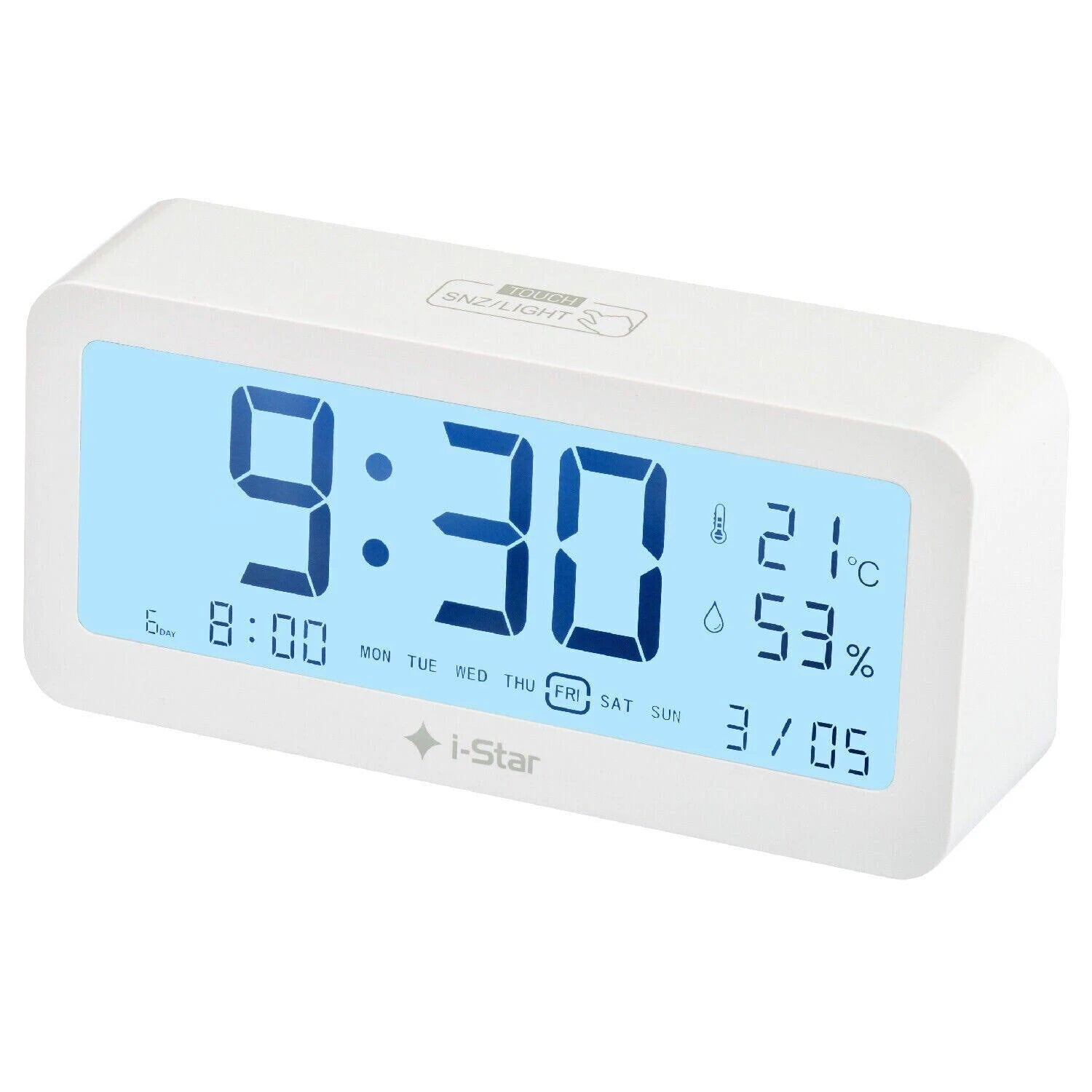 i-Star Portable White Alarm Clock with Temperature and Humidity