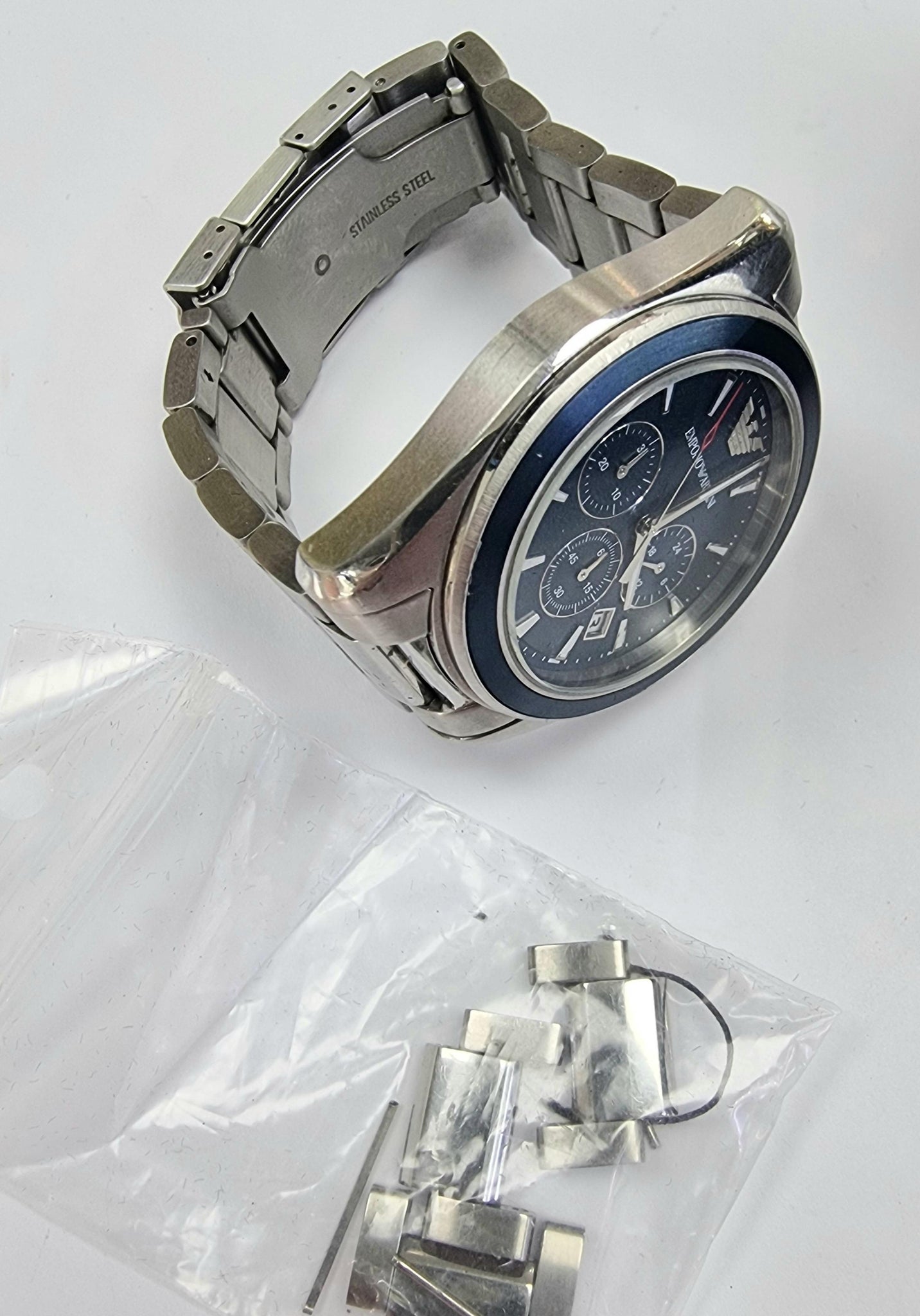 emporio armani ar6091 blue dial stainless steel chonograph men's watch