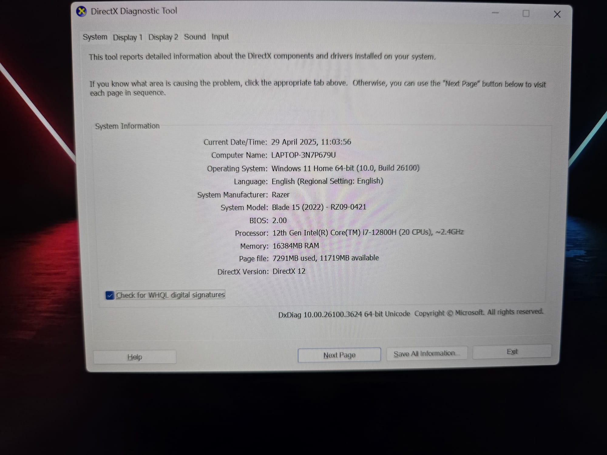 Razer Blade 15 i7-12800H 16GB Ram 1TB SSD RTX 3070Ti 15"240Hz W11