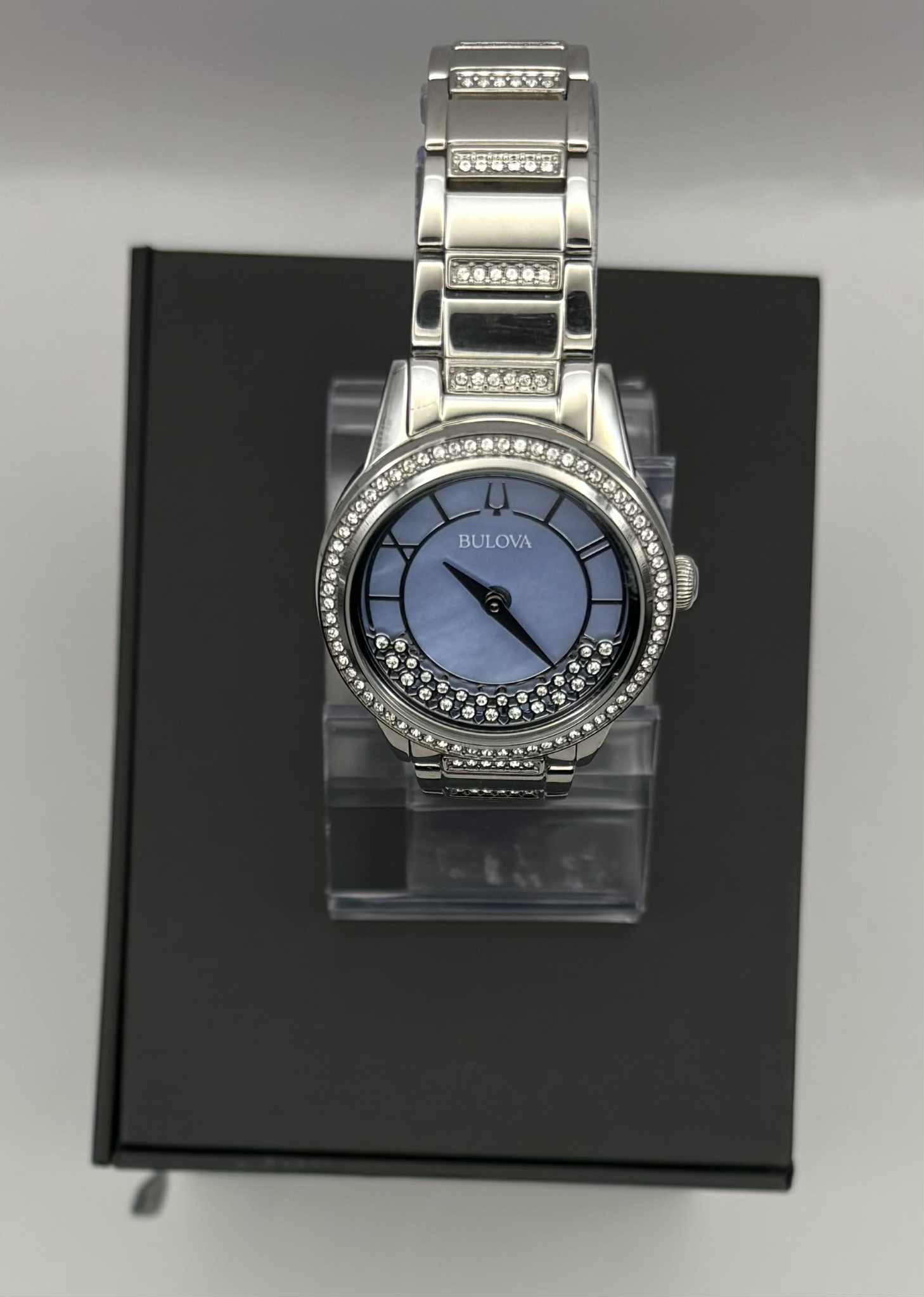 BULOVA TURNSTYLE STEEL SWAROVSKI CRYSTALS MOP DIAL LADIES QUARTZ WATCH 96L260