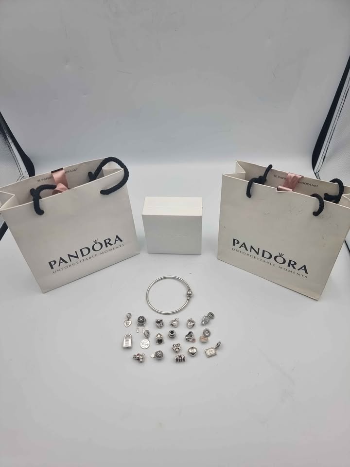 Pandora (ALE 925) Sterling Silver Charm Bangle Bracelet - With 18x Assorted Charms