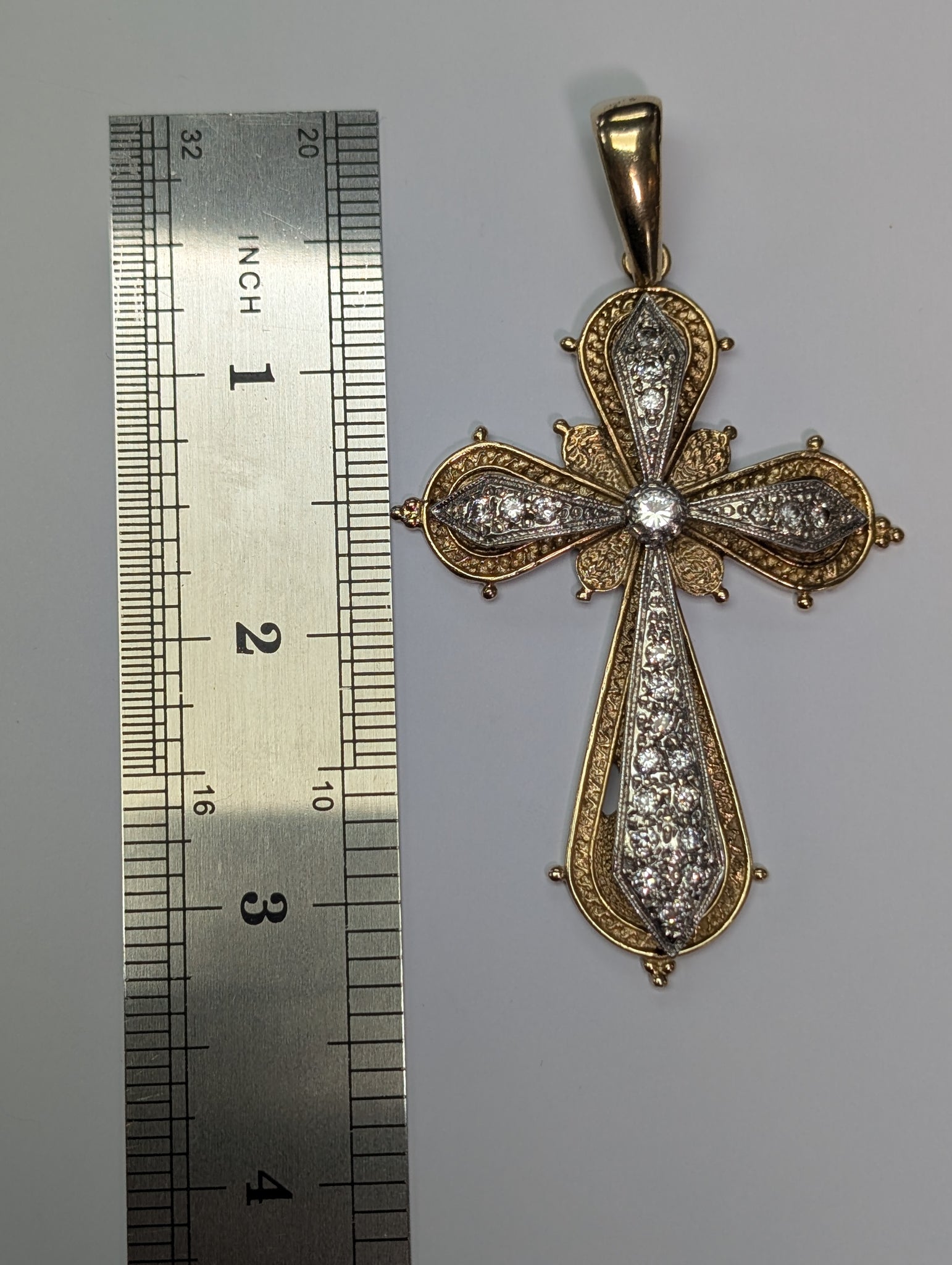 Large 9ct White/Yellow Gold Cross with CZ Stones