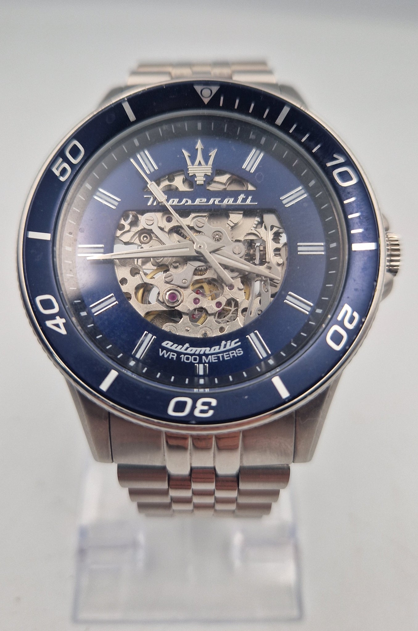 Maserati Men's challenge Automatic Watch with blue face and visible mechanical movements in original box with papers and spare links
