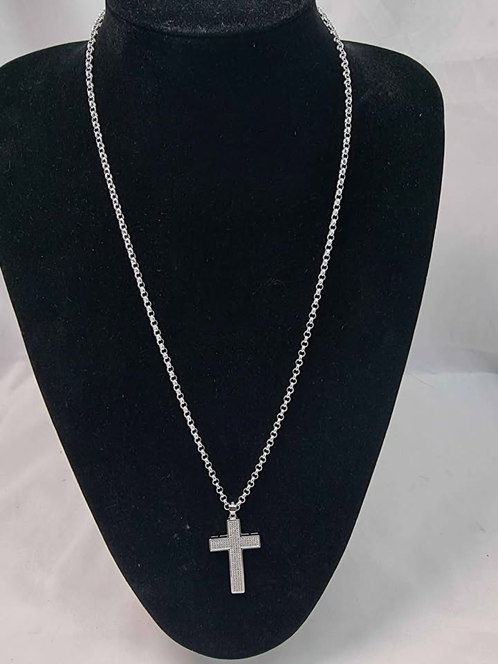 925 Sterling Silver Belcher Chain With Diamontè Cross Pendant - 24" Long - 17.4 Grams *BRAND NEW*