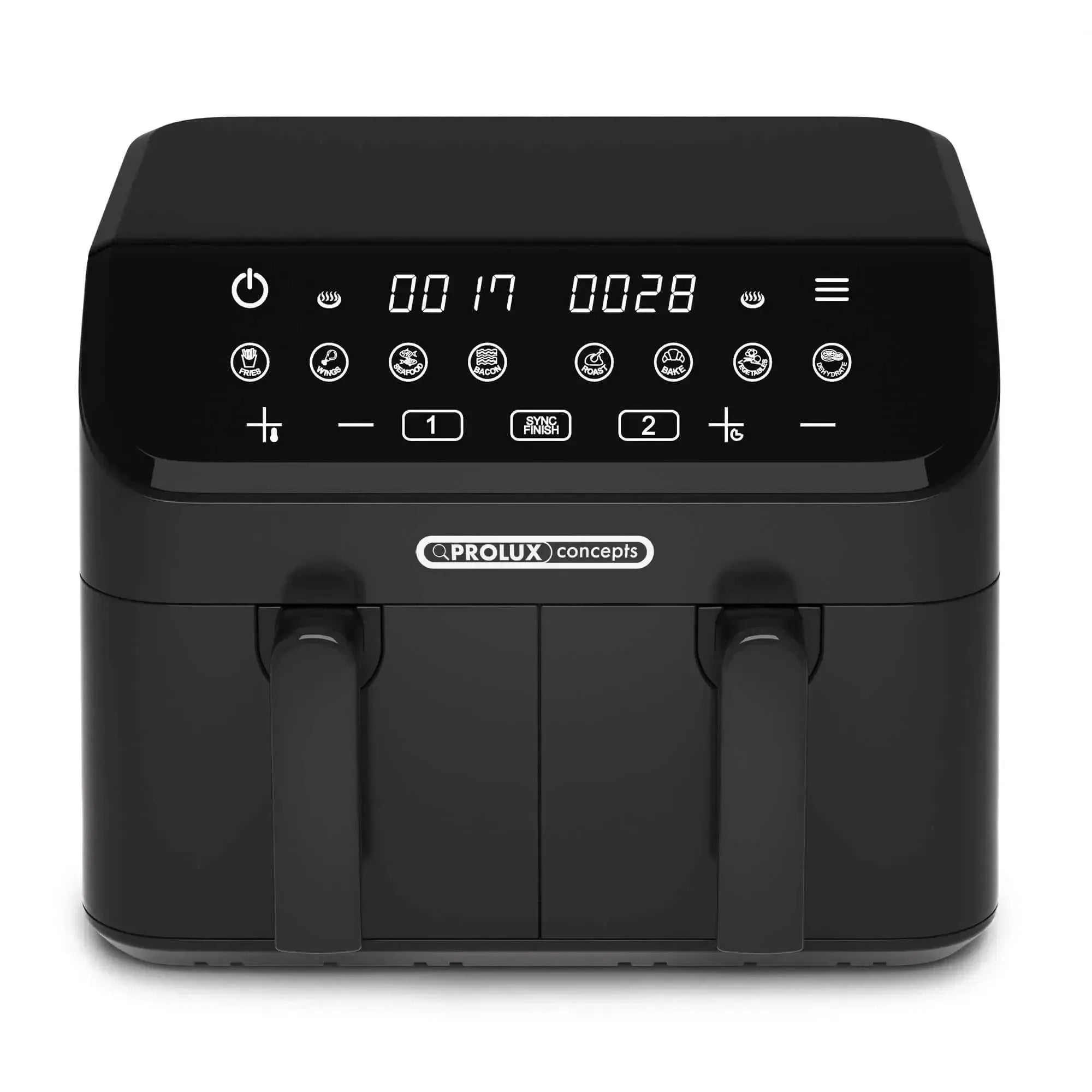 Prolux Concepts - 9L Air Fryer Family Size - Digital Display, Dual Basket, Sync Finish - Black