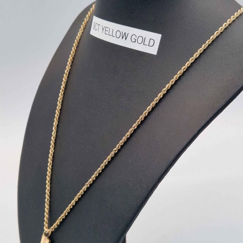 9ct Yellow Gold Rope Chain Necklace With Ingot Pendant - 22" Long - 7.20 Grams