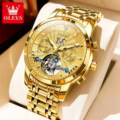 OLEVS Gold colour Flywheel Automatic Watch For Men Calendar Display Waterproof Stainless Steel High Quality Mechanical Men's Wristwatch Gold