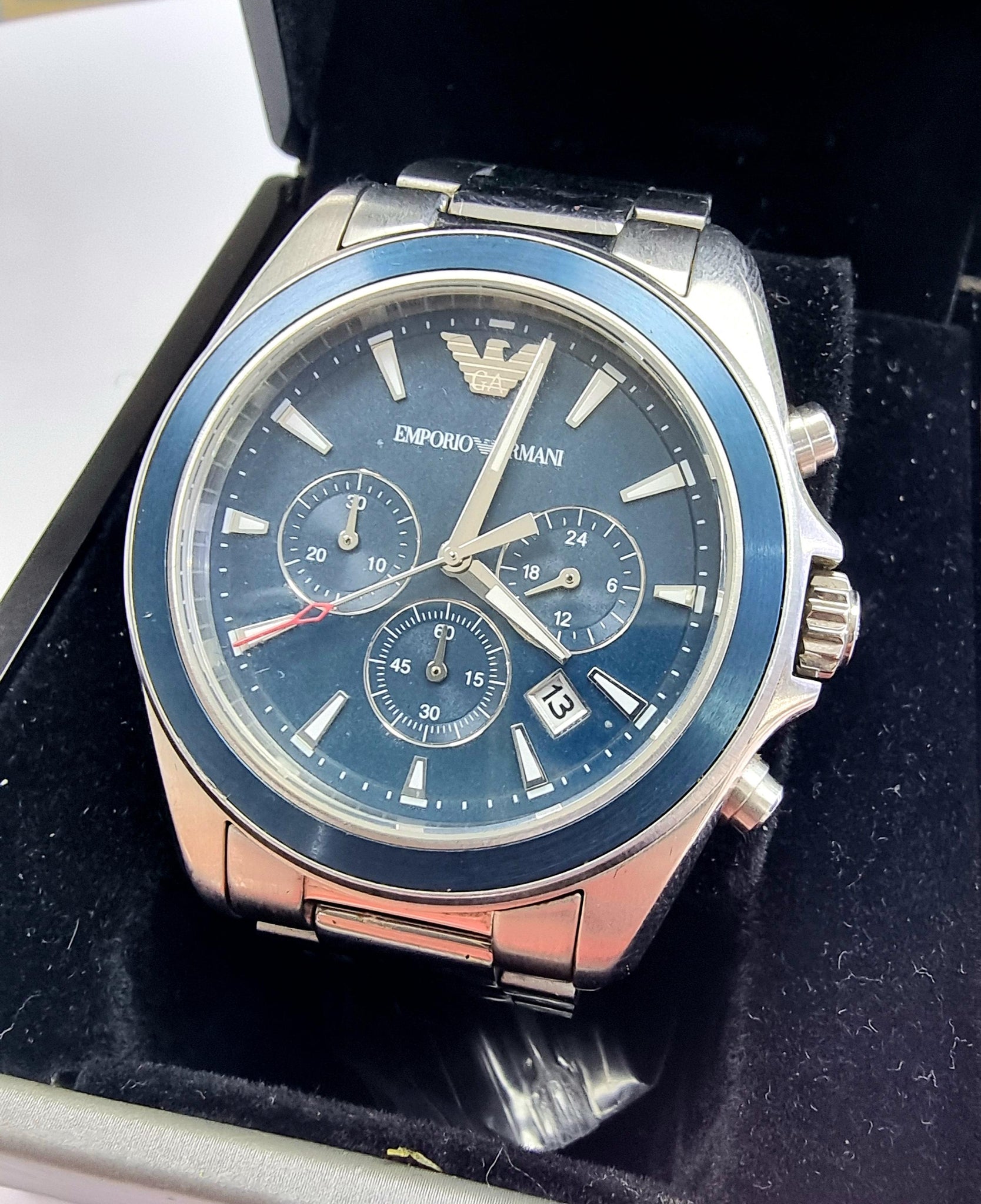 emporio armani ar6091 blue dial stainless steel chonograph men's watch