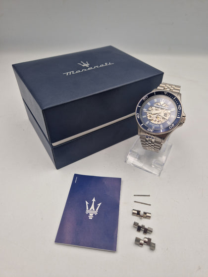 Maserati Men's challenge Automatic Watch with blue face and visible mechanical movements in original box with papers and spare links