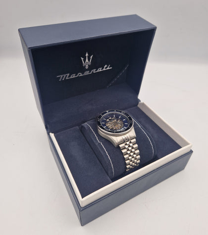 Maserati Men's challenge Automatic Watch with blue face and visible mechanical movements in original box with papers and spare links