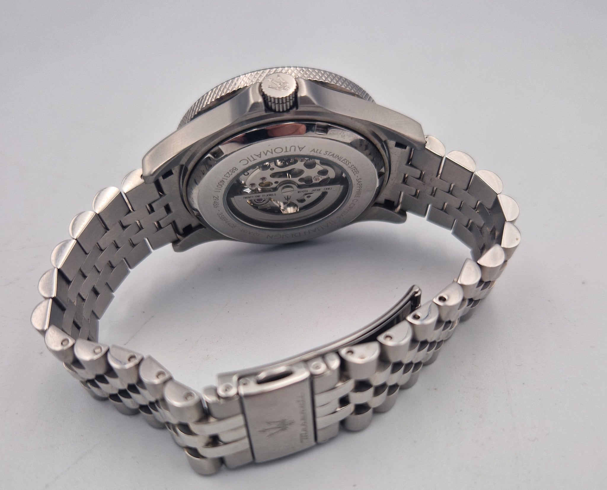 Maserati Men's challenge Automatic Watch with blue face and visible mechanical movements in original box with papers and spare links