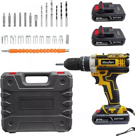 ikaufen Cordless Drill Driver, 21V Electric Drill Screwdriver Kit with 25+1 Torque, 2