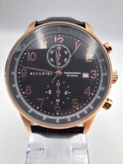 **BRAND NEW** Accurist 7353 men's rose gold/black chronograph watch with genuine black leather strap BOXED