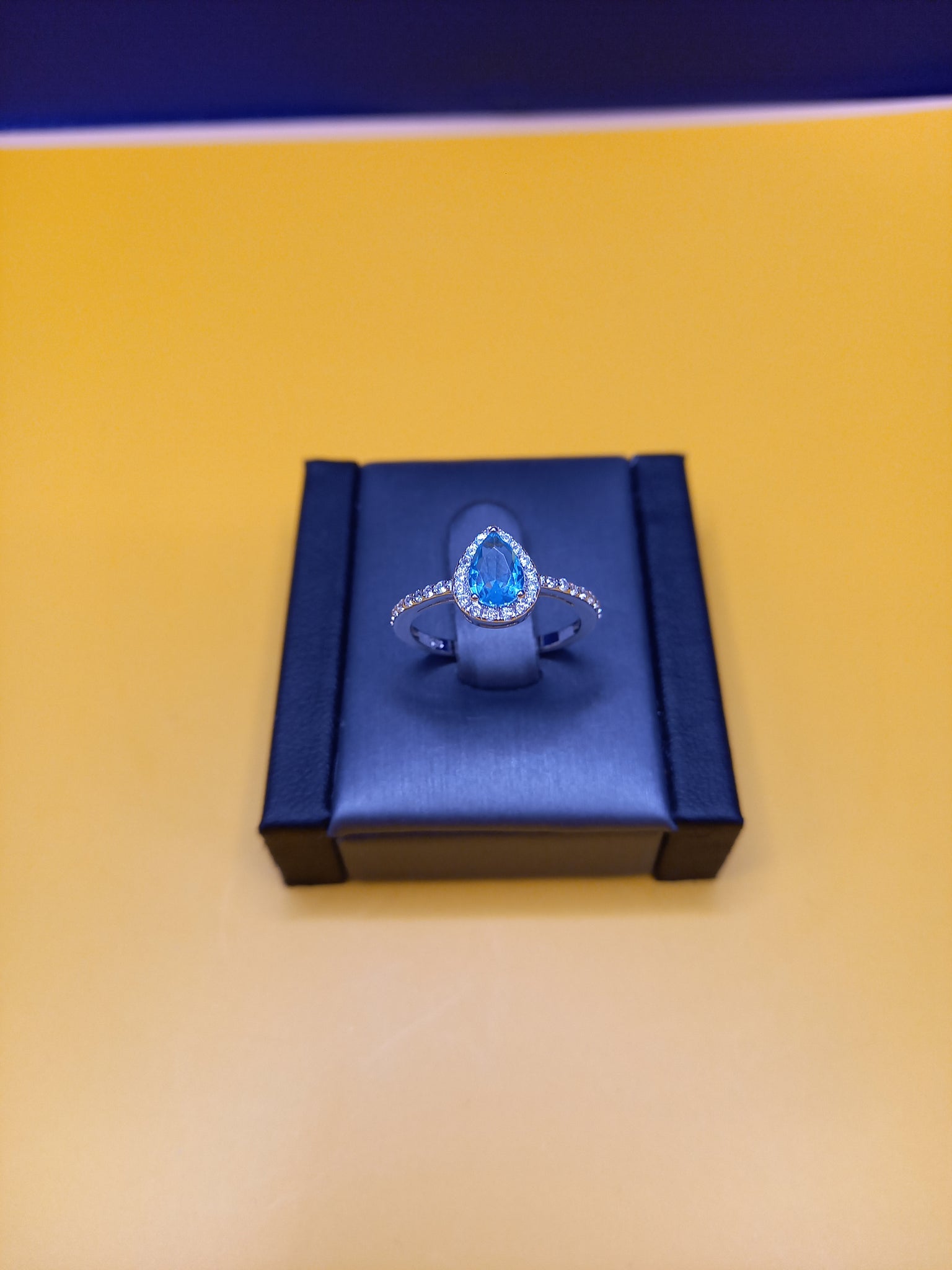Silver Tear Drop Ring Blue Stone Size-N