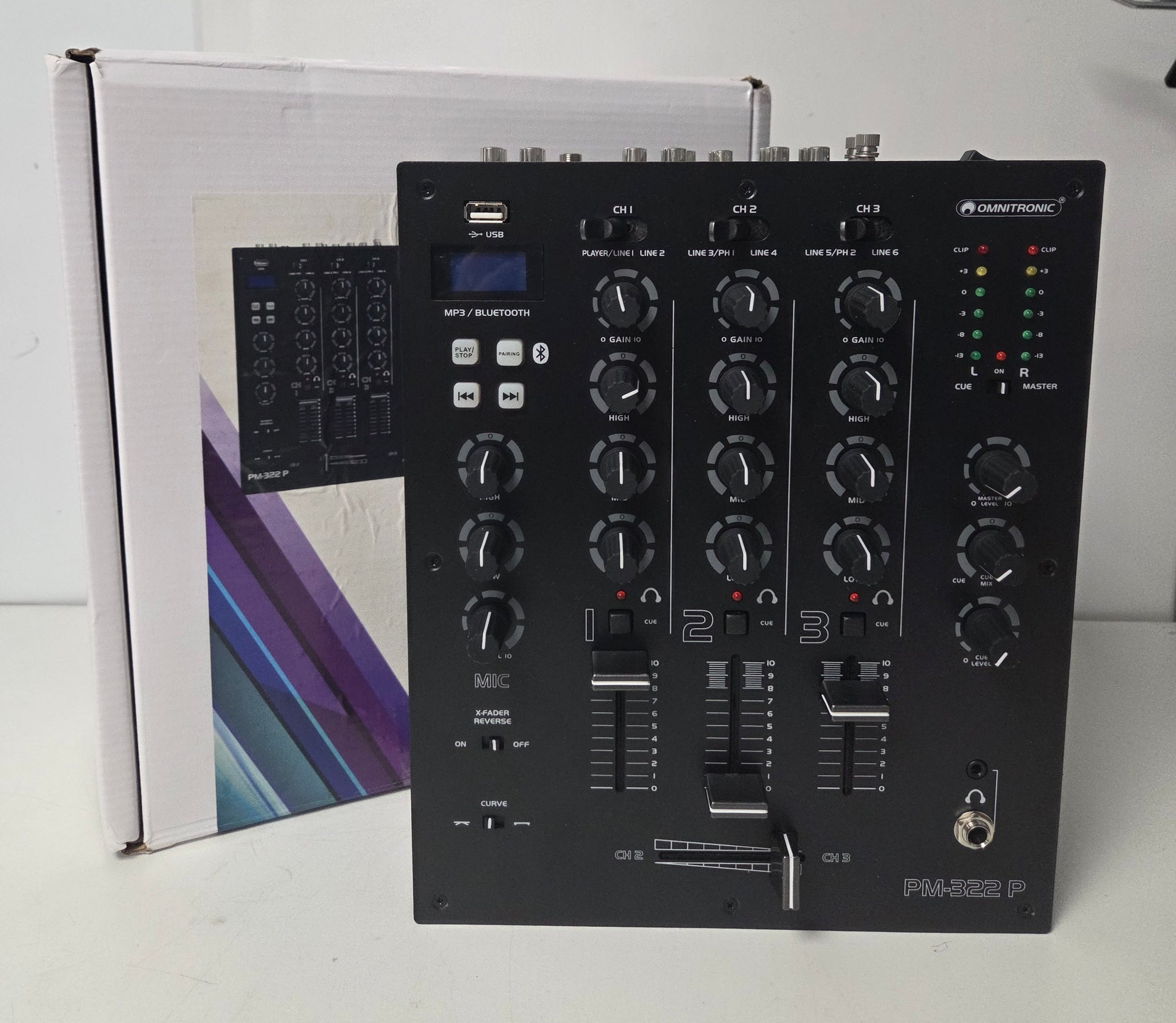 OMNITRONIC PM-322P 3-Channel DJ Mixer boxed with Lead