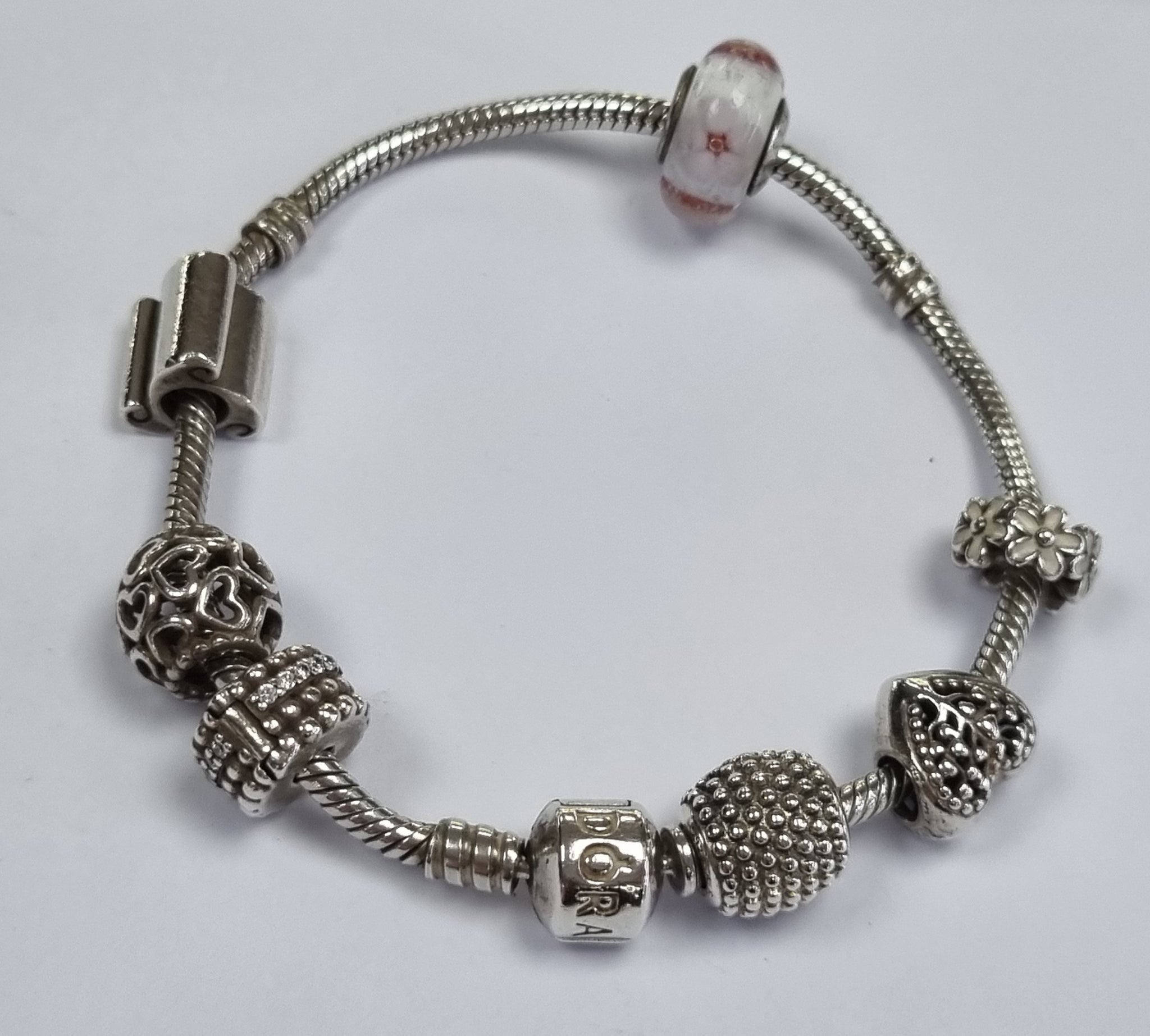 PANDORA SILVER SNAKE BRACELET WITH 7 CHARMS 20CM