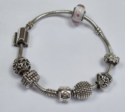 PANDORA SILVER SNAKE BRACELET WITH 7 CHARMS 20CM