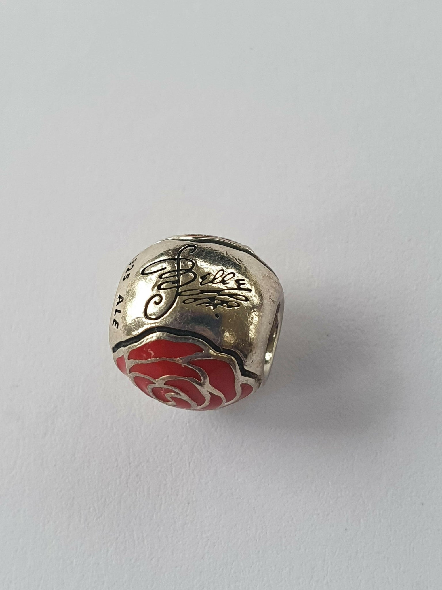 Disney Belle Enchanted rose silver charm with red enamel Item #791575EN09