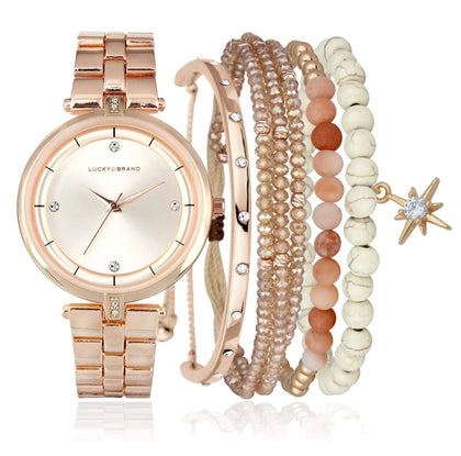 Lucky Brand Watches For Women Fashion Stainless Steel Crystal-Accented Minimalist Quartz Movement Women's Wrist Watches Bracelet Gift Box Set.