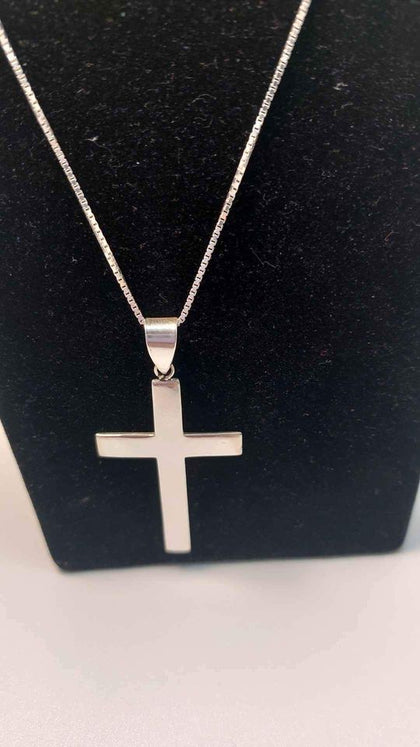 925 Sterling Silver Thin Chain Necklace With Big Cross Pendant - 12.85 Grams - 24