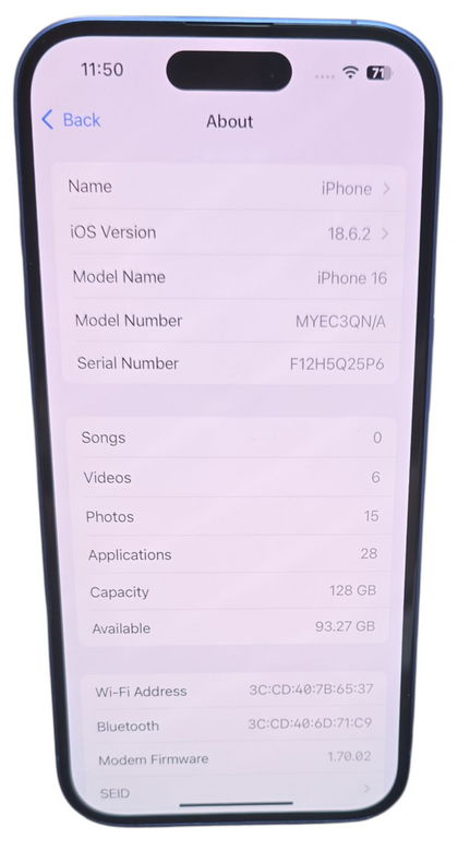 Apple iPhone 16 128GB 100% Battery