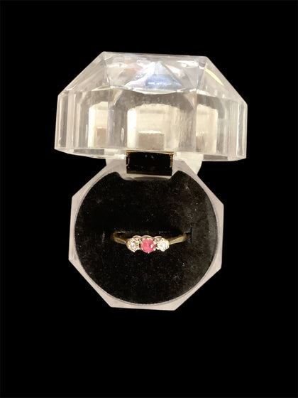 A Delightful Pink Sapphire & Diamond Three Stone Ring in 9ct Yellow Gold