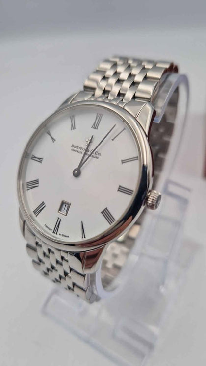 Dreyfuss & Co Mens Quartz Dress Watch With White Dial - Steel Bracelet - DGB00135 - Boxed